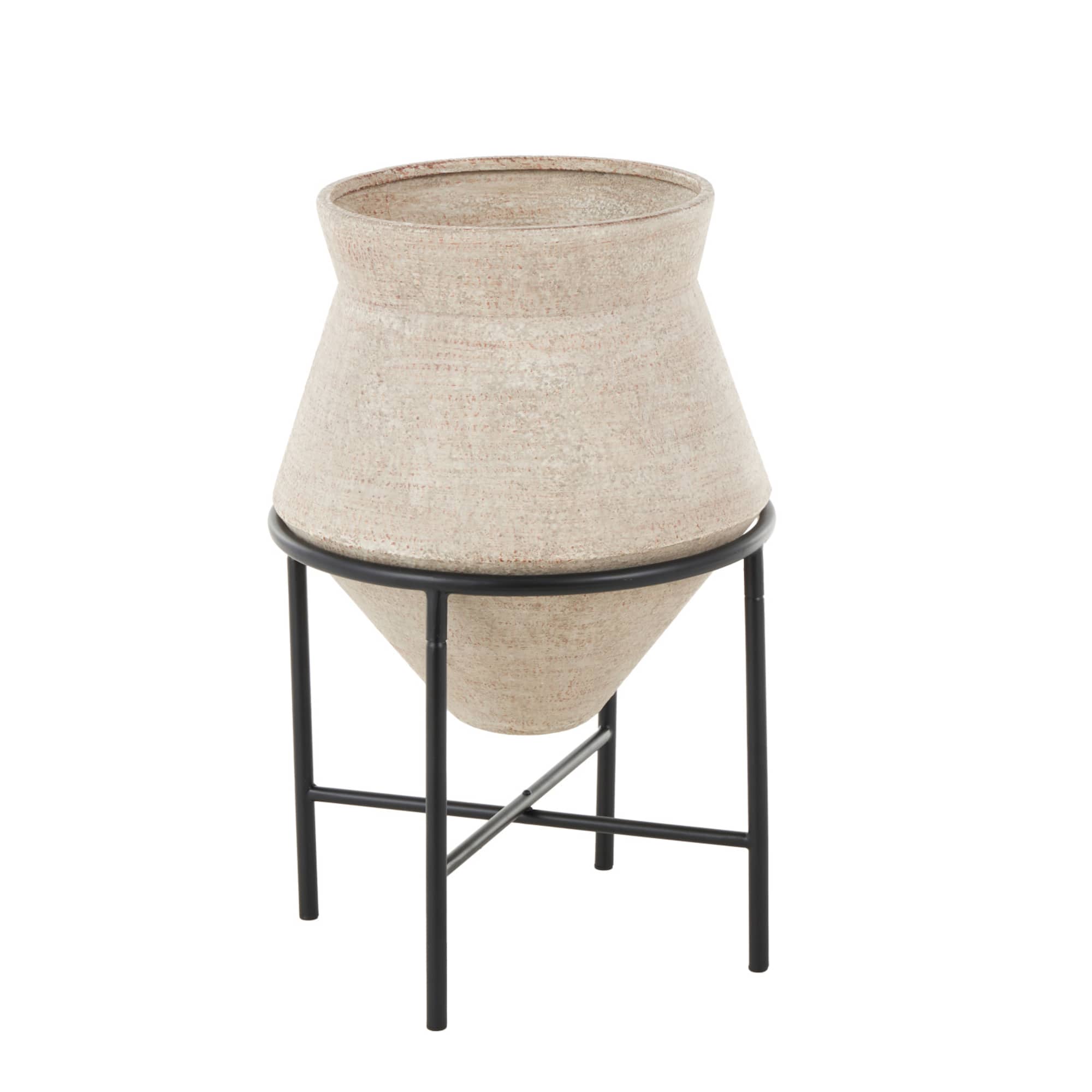 24.5" Beige Metal Wide Vase with Black Metal Stand